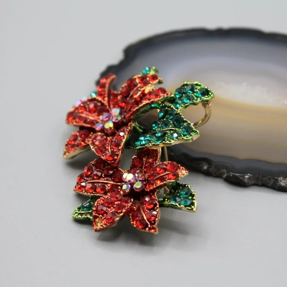 Poinsettia flower pin brooch jewelry Holidays Christmas yellow gold red green